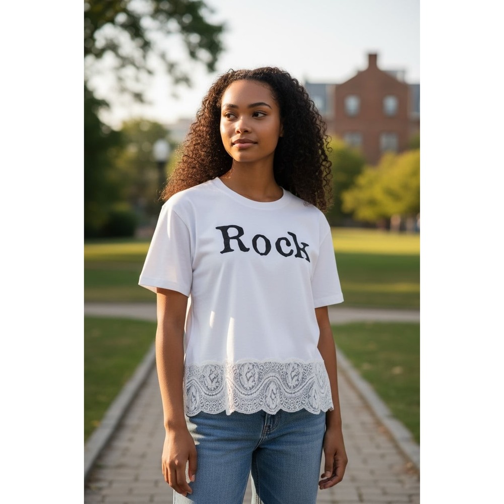 Rebel Queen by Liu Jo White Rock Graphic T-Shirt with Lace Hem